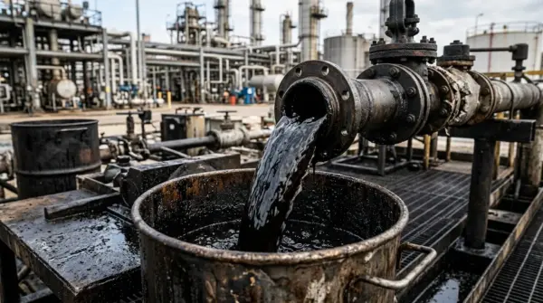 Close-up of crude oil flowing from an industrial pipeline