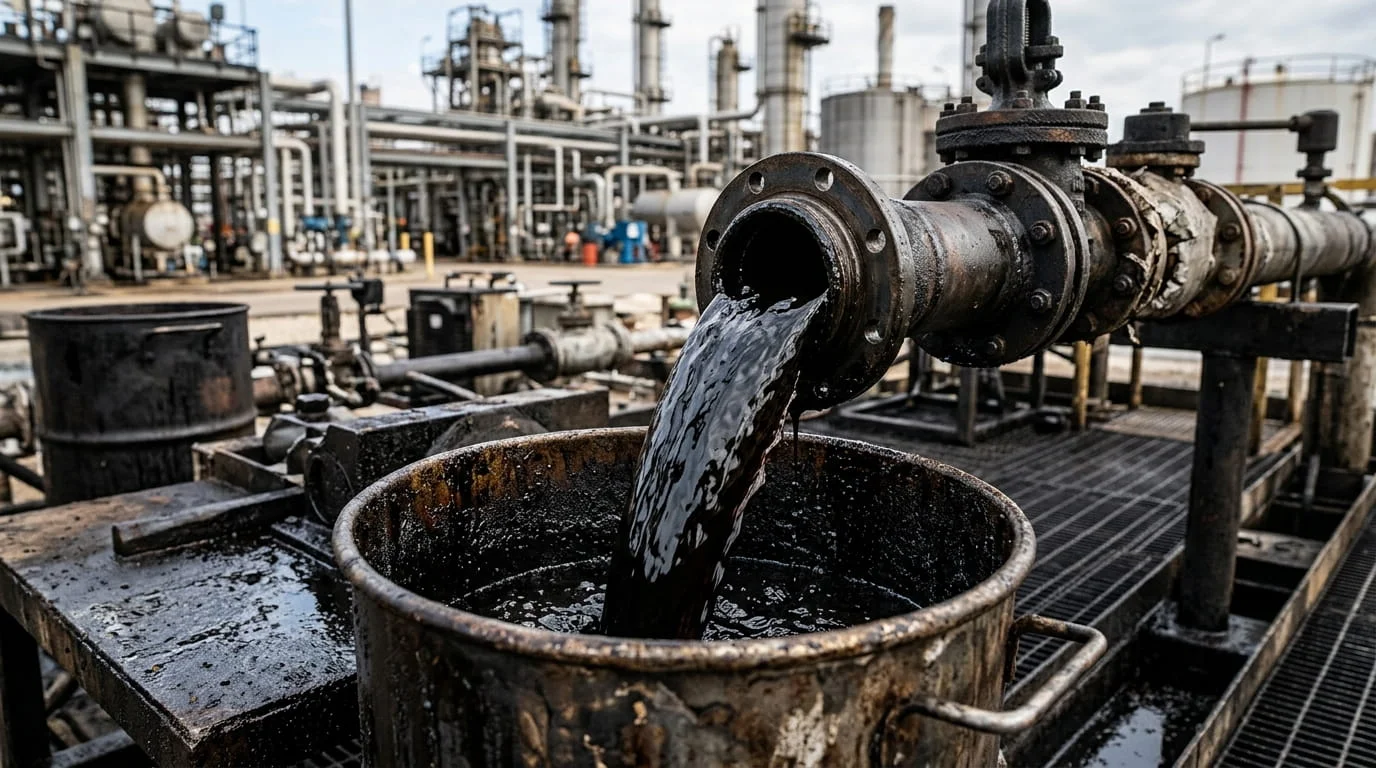 Close-up of crude oil flowing from an industrial pipeline