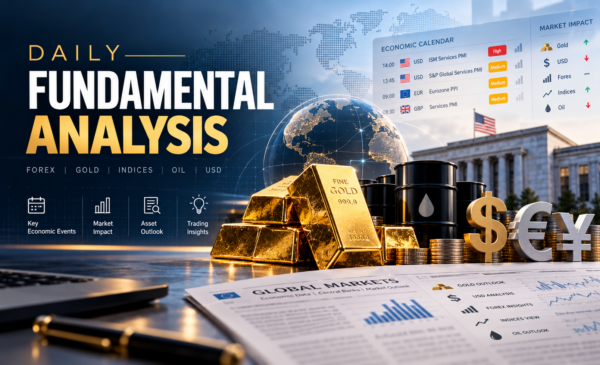 Daily fundamental analysis covering key economic events, gold, forex, US dollar, stock indices, and oil market outlook.