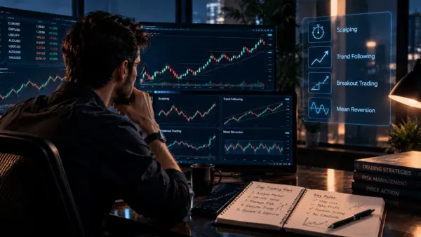 Day trader analyzing stock market charts and comparing scalping, trend following, breakout trading, and mean reversion strategies across multiple monitors.