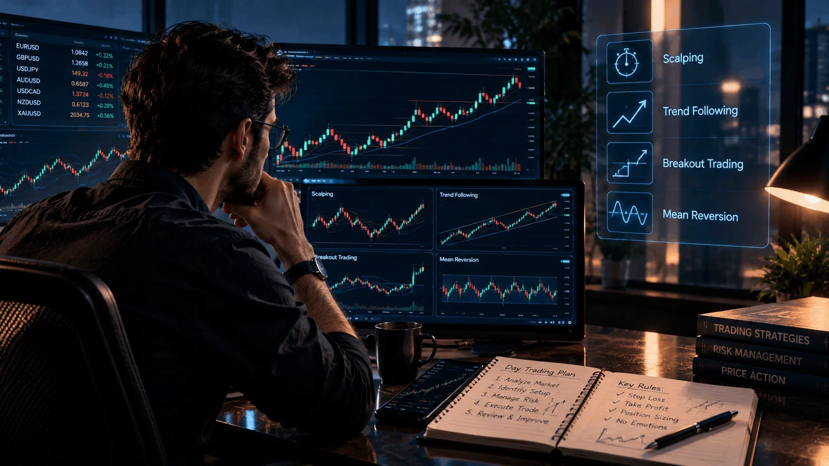Day trader analyzing stock market charts and comparing scalping, trend following, breakout trading, and mean reversion strategies across multiple monitors.