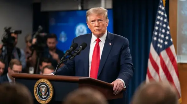 Photorealistic portrait of Donald Trump wearing a navy blue suit and red tie with an American flag in the background.