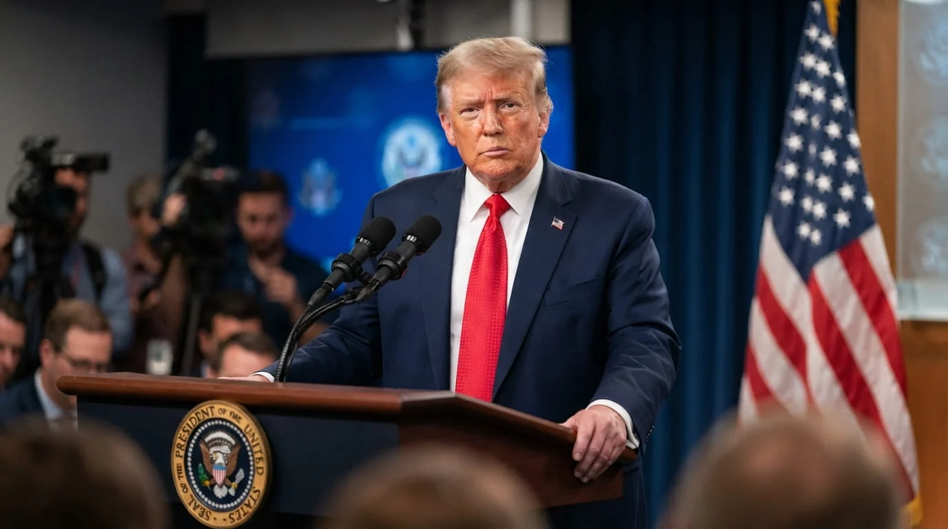 Photorealistic portrait of Donald Trump wearing a navy blue suit and red tie with an American flag in the background.