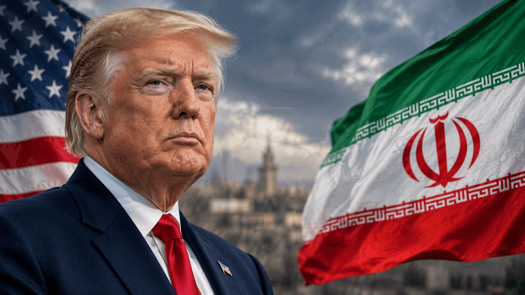 Donald Trump alongside the Iranian national flag, representing US–Iran tensions