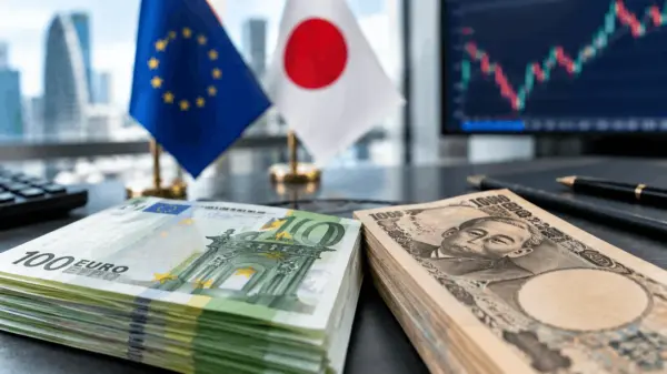 Close-up of euro and Japanese yen banknotes at the currency market