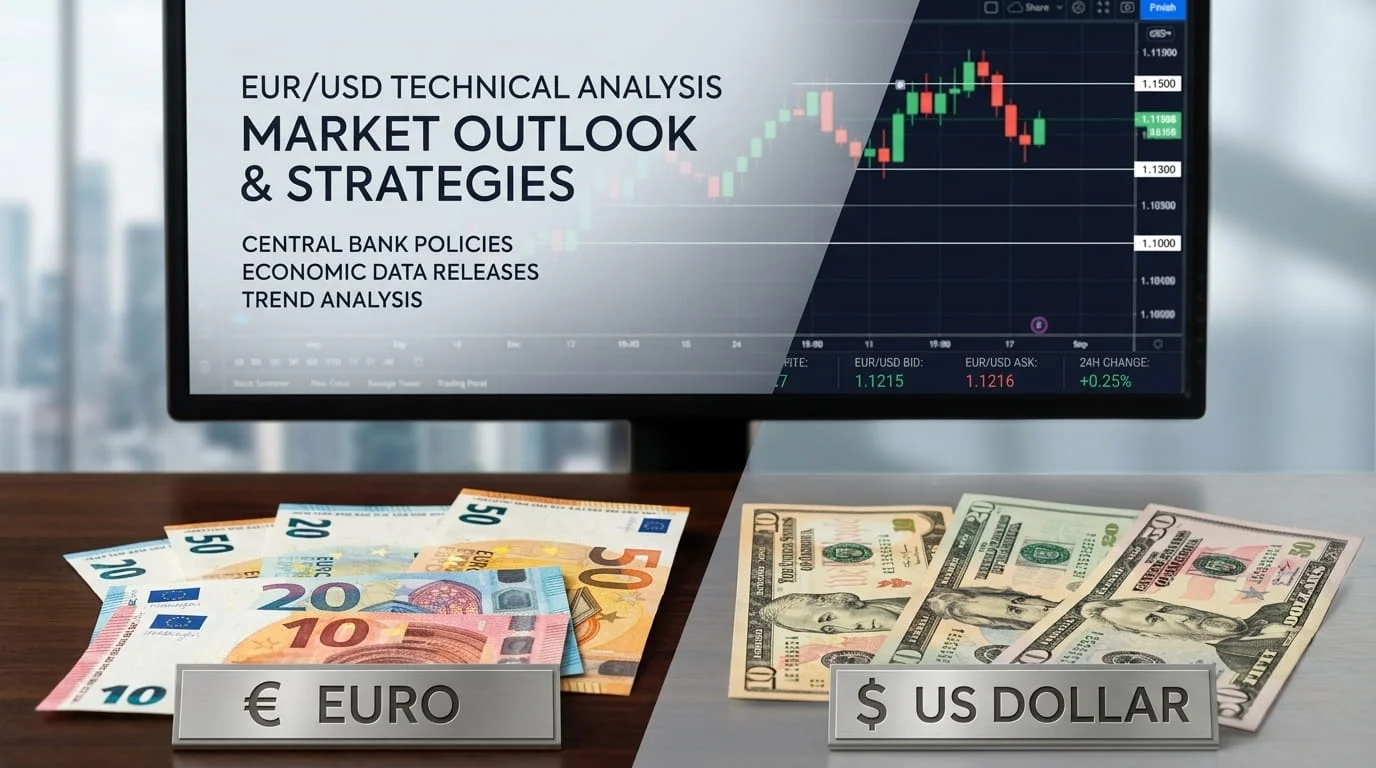 Alt Text:A composite image featuring Euro and US Dollar banknotes in the foreground with a computer monitor in the background displaying a EUR/USD forex technical analysis chart and market strategies.