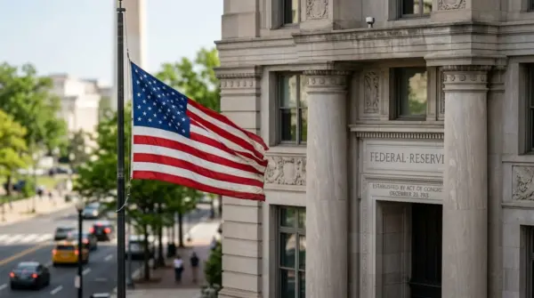Close-up of the US Federal Reserve building with the US flag