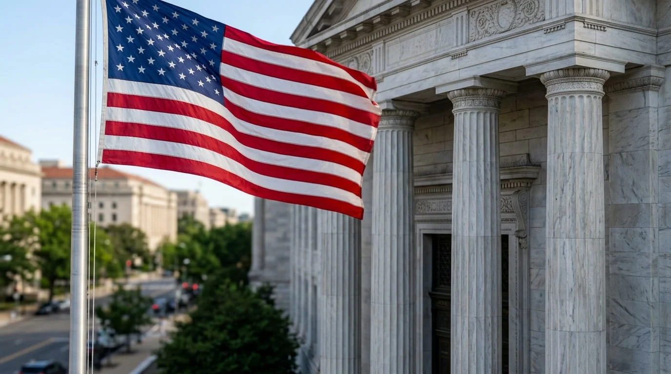 Close-up of the US Federal Reserve building and the country's flag