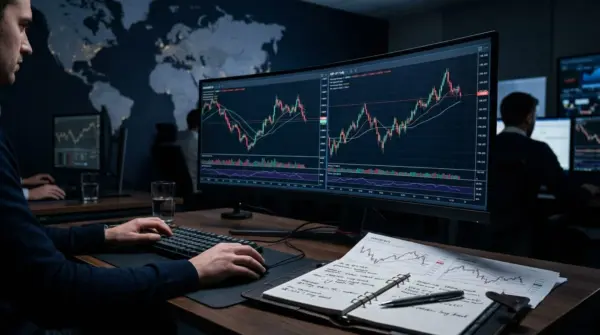Forex trading monitor displaying currency price charts and candlestick movements