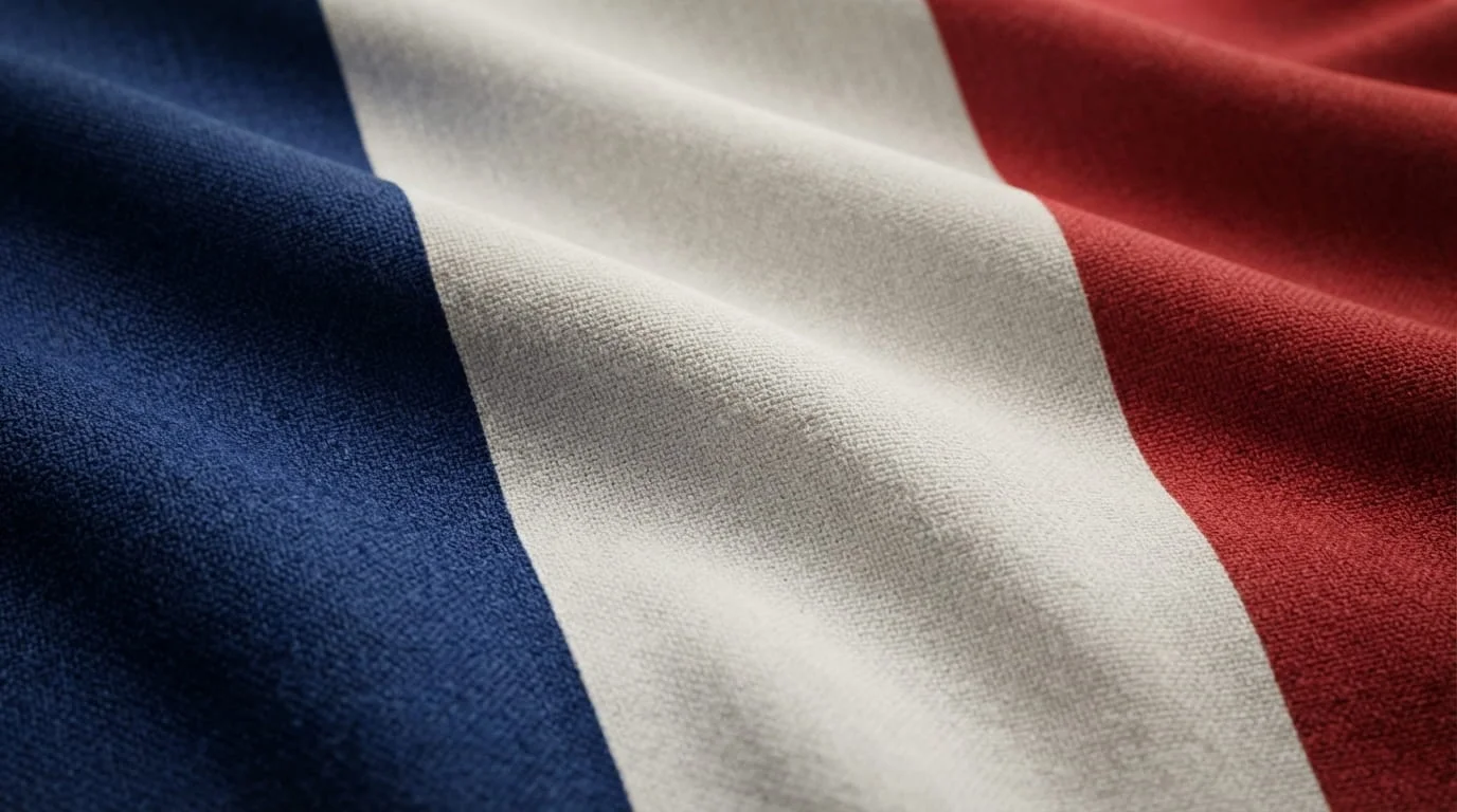Close-up of the French national flag with blue, white, and red stripes and realistic flowing fabric.