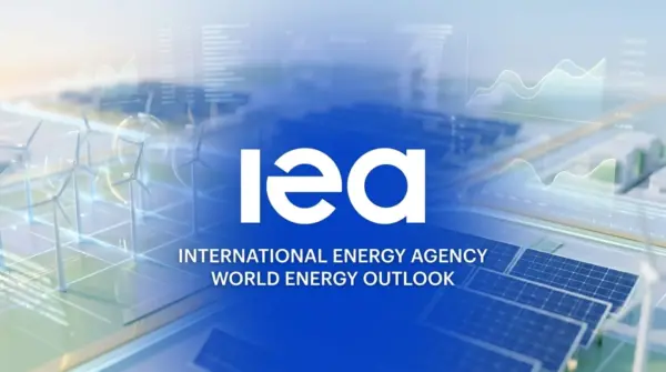 IEA logo on a professional energy market background with wind turbines and solar panels