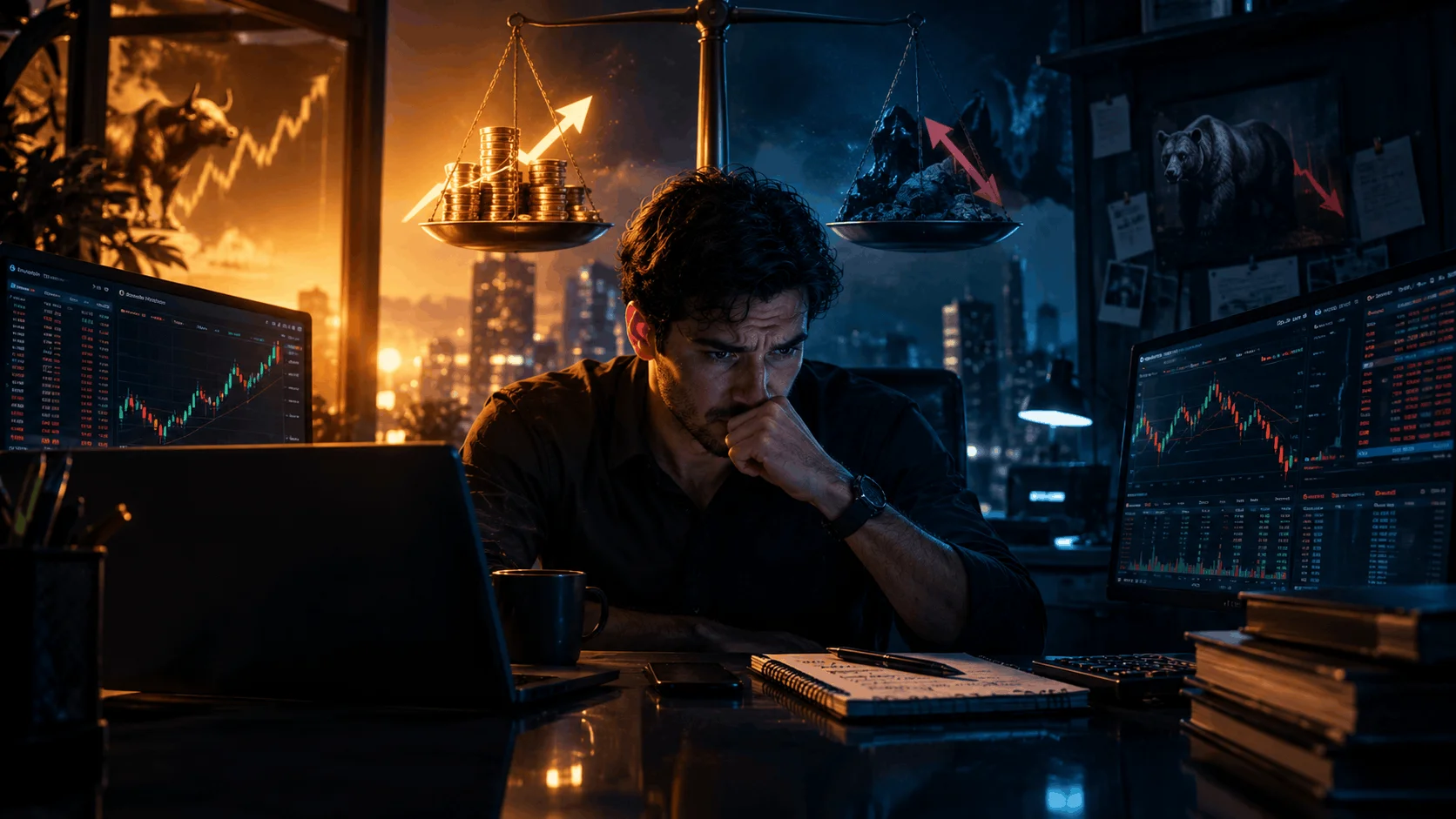Day trader surrounded by stock market charts beneath a balance scale of gold coins and financial risks, symbolizing the potential rewards and risks of day trading.
