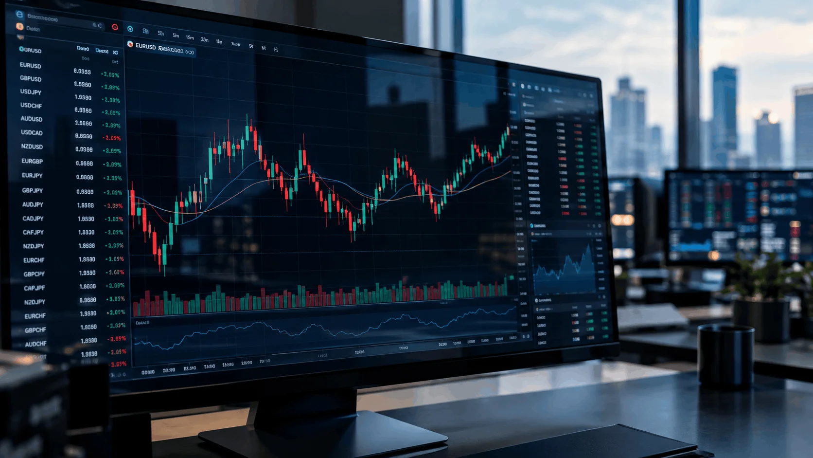Financial market charts on a trading monitor for a market report