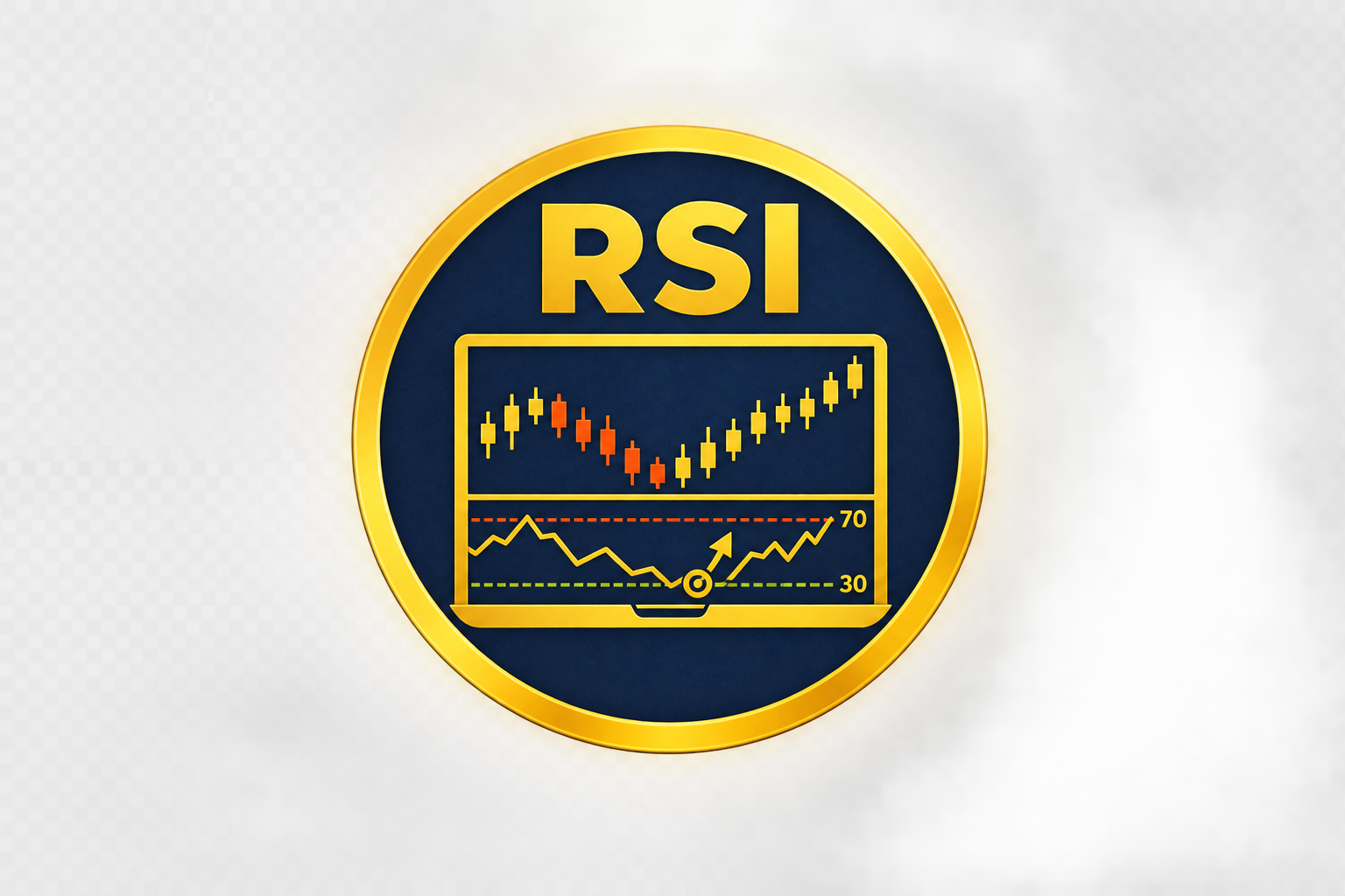 "Relative Strength Index (RSI) indicator icon showing a candlestick trading chart, RSI oscillator, and overbought (70) and oversold (30) levels."