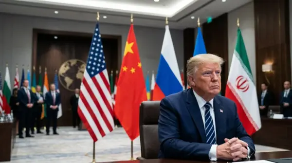Donald Trump with the flags of the United States, China, Russia, and Iran