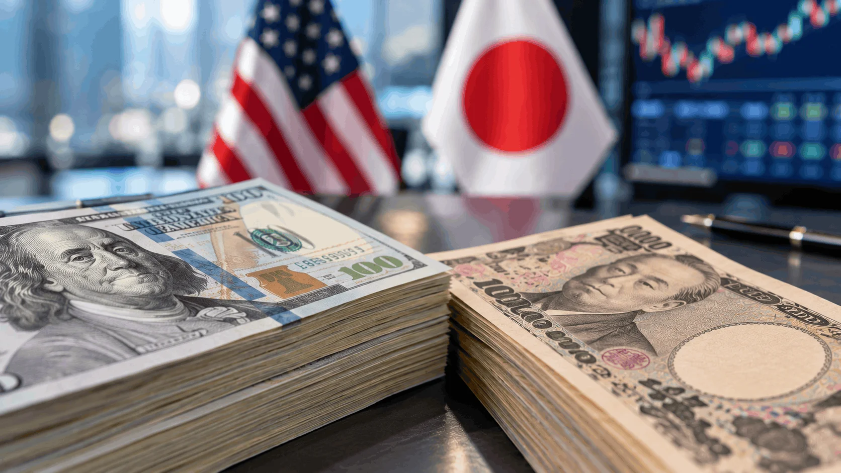 Close-up of US dollar and Japanese yen in the currency market