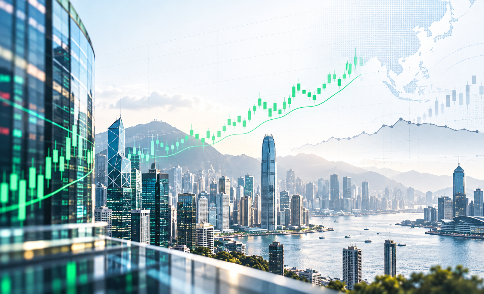 Asian financial markets rise as green stock charts overlay a major Asian city skyline, reflecting stronger equities despite elevated bond yields.