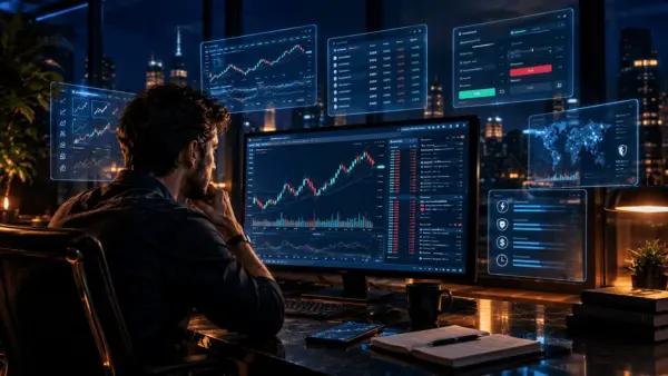 Day trader comparing advanced trading platforms with stock charts, market data, and trading tools across multiple monitors in a cinematic trading office.