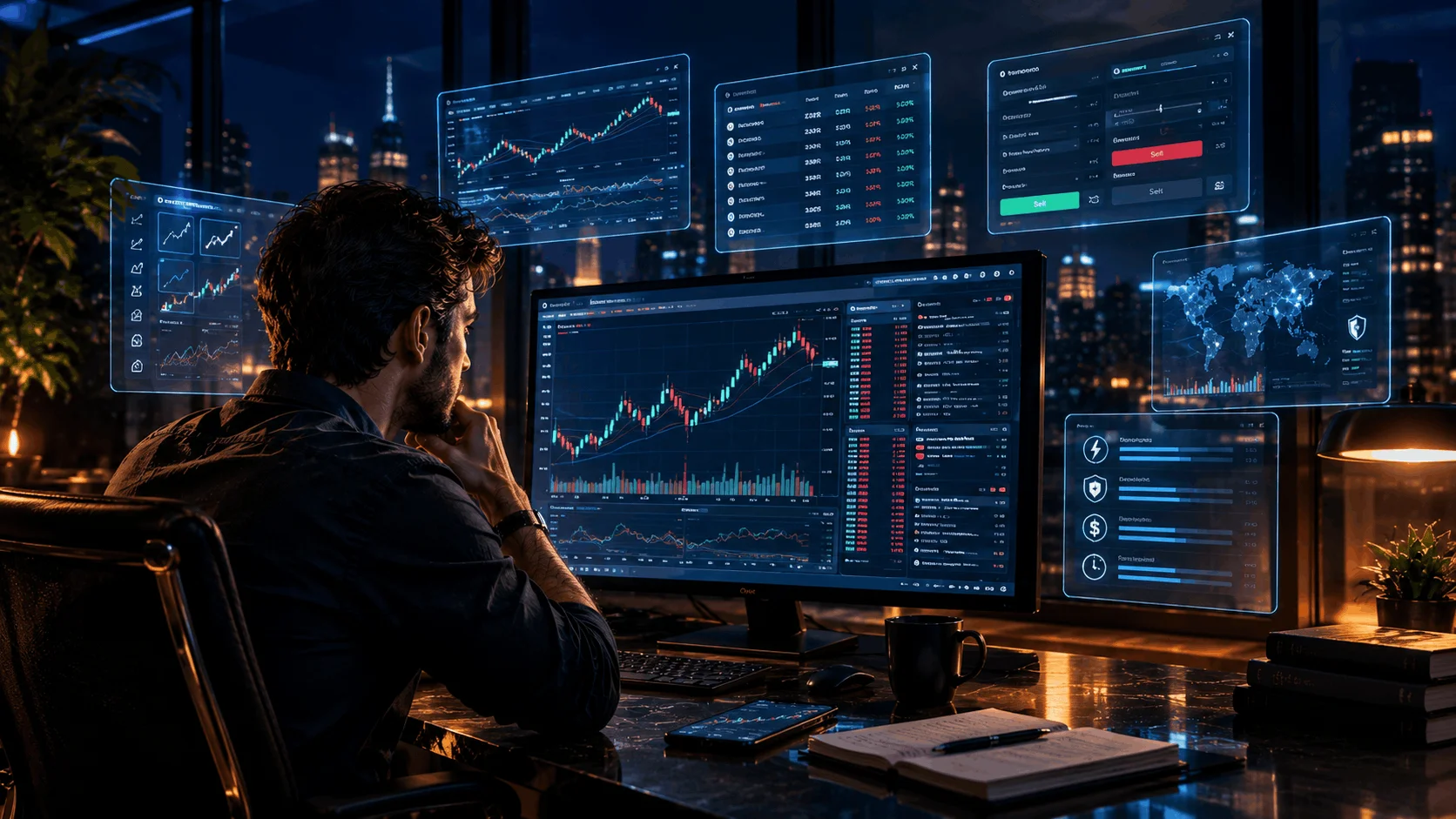 Day trader comparing advanced trading platforms with stock charts, market data, and trading tools across multiple monitors in a cinematic trading office.
