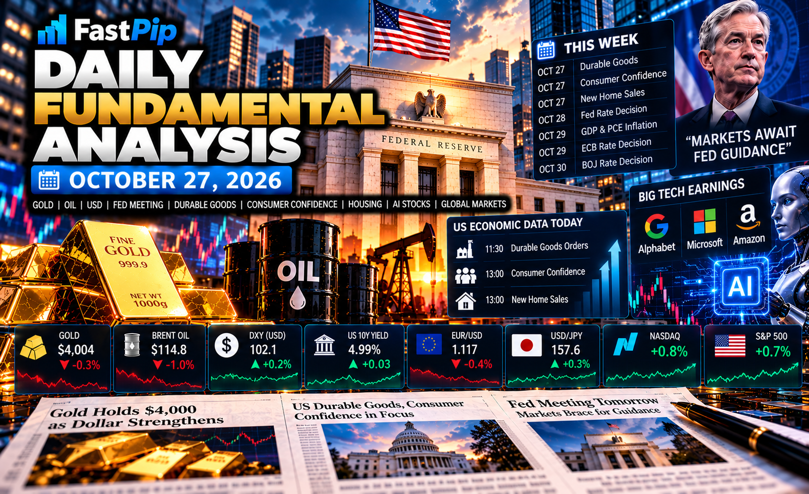 Daily Fundamental Analysis October 27 2026 covering gold, US Durable Goods Orders, Consumer Confidence, New Home Sales, the Federal Reserve, the US dollar, Treasury yields, oil, AI stocks, and global financial markets.