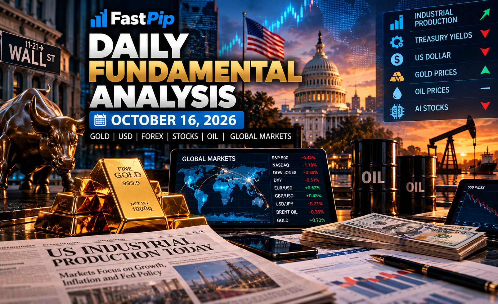 Daily Fundamental Analysis October 16 2026 covering US industrial production, gold, the US dollar, Treasury yields, forex, oil, AI stocks, and global financial markets.