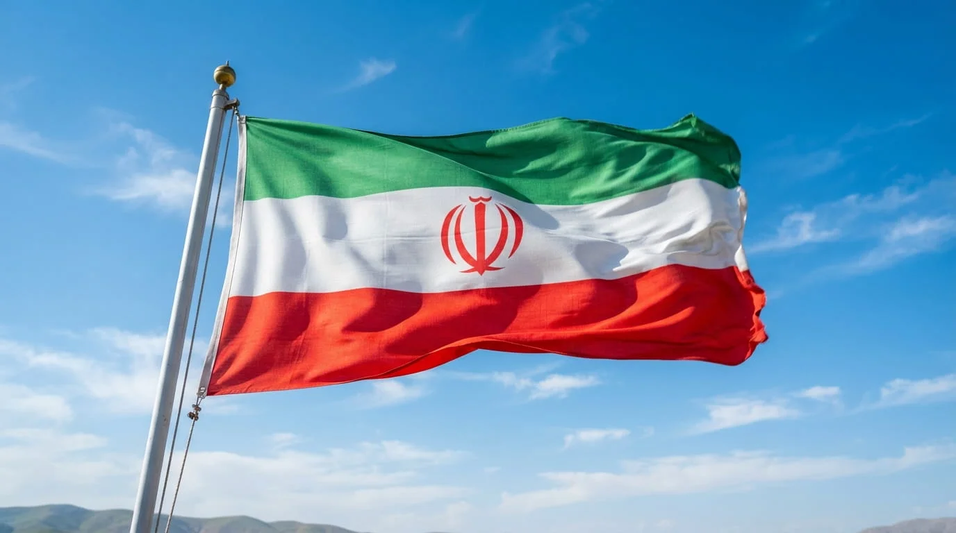پرچم ایران با نوارهای سبز، سفید و قرمز در حال اهتزاز در باد